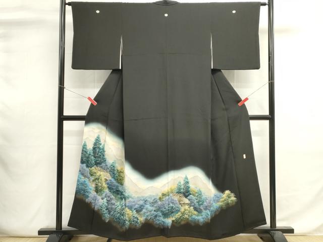 平和屋着物■豪華黒留袖　手描き　遠山風景文　暈し染め　金彩　正絹　逸品　DABI0615cd