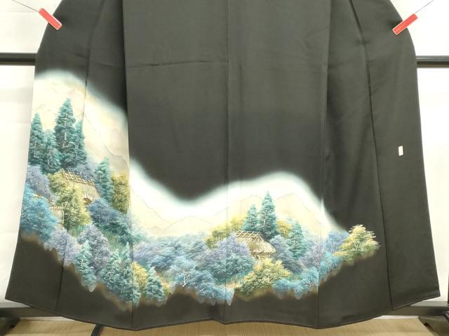 平和屋着物■豪華黒留袖　手描き　遠山風景文　暈し染め　金彩　正絹　逸品　DABI0615cd