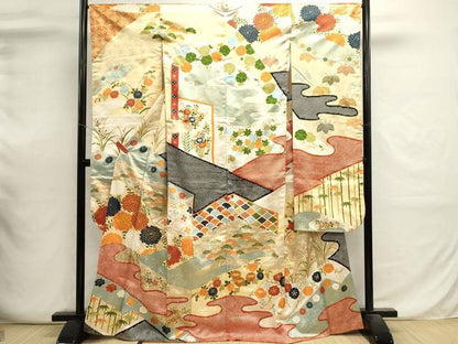 平和屋着物■豪華振袖　駒刺繍　草花文　金彩　正絹　逸品　DABI0618cd