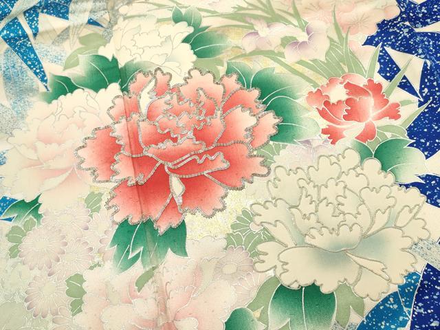 平和屋着物■豪華振袖　駒刺繍　草花文　牡丹　銀彩　正絹　逸品　DABI0630cd