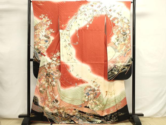 平和屋着物■豪華振袖　駒刺繍　御所車飛鶴花文　暈し染め　金銀彩　正絹　逸品　DABI0632cd