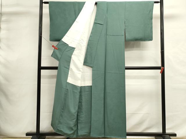 平和屋着物■京加賀友禅　百貫達雄　色無地　紗綾形地紋　錆浅葱色　正絹　逸品　未使用　DABI0635cd