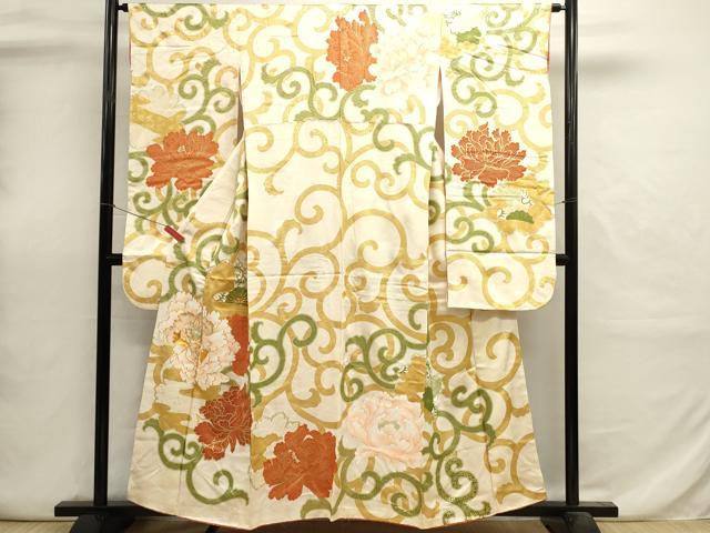 平和屋着物■豪華振袖　駒刺繍　花唐草文　牡丹　金彩　正絹　逸品　DABI0674cd