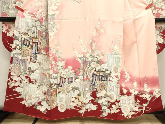 平和屋着物■豪華振袖　駒刺繍　御所車花文　暈し染め　金彩　正絹　逸品　DABI0684cd