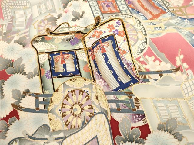 平和屋着物■豪華振袖　駒刺繍　御所車花文　暈し染め　金彩　正絹　逸品　DABI0684cd