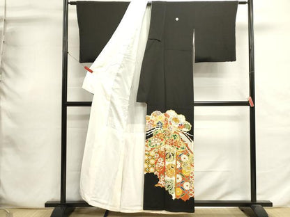平和屋着物■豪華黒留袖　駒刺繍　吉祥飛鶴花松文　金彩　正絹　逸品　DABI0699cd