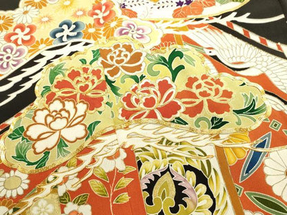 平和屋着物■豪華黒留袖　駒刺繍　吉祥飛鶴花松文　金彩　正絹　逸品　DABI0699cd