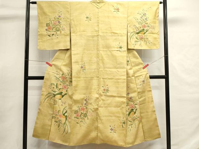平和屋着物■訪問着　紬地　型染め　尾長鳥花文　正絹　逸品　DABI0729cd