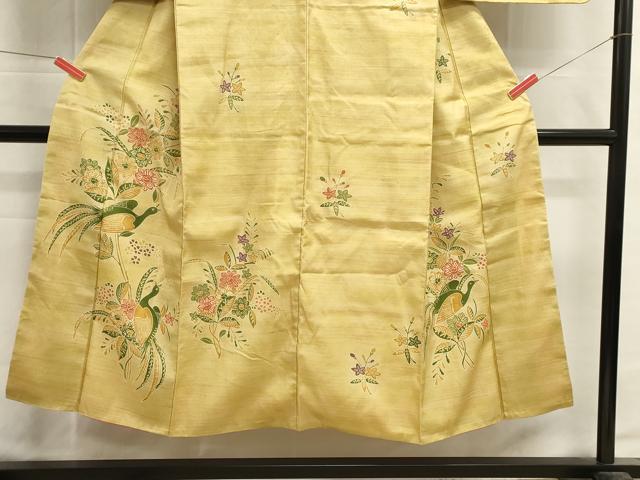 平和屋着物■訪問着　紬地　型染め　尾長鳥花文　正絹　逸品　DABI0729cd
