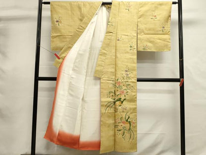 平和屋着物■訪問着　紬地　型染め　尾長鳥花文　正絹　逸品　DABI0729cd