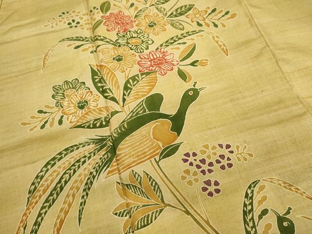 平和屋着物■訪問着　紬地　型染め　尾長鳥花文　正絹　逸品　DABI0729cd