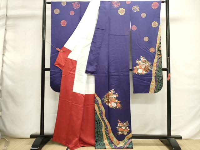 平和屋着物■豪華振袖　駒刺繍　御所車花文　金彩　正絹　逸品　DABI0798cd