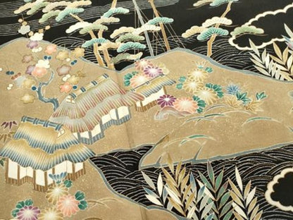平和屋着物■豪華黒留袖　風景文　金彩　正絹　逸品　DABI0803cd