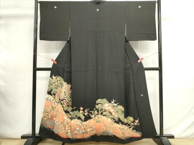 平和屋着物■豪華黒留袖　駒刺繍　御所車花文　松寿　金彩　正絹　逸品　DABI0810cd