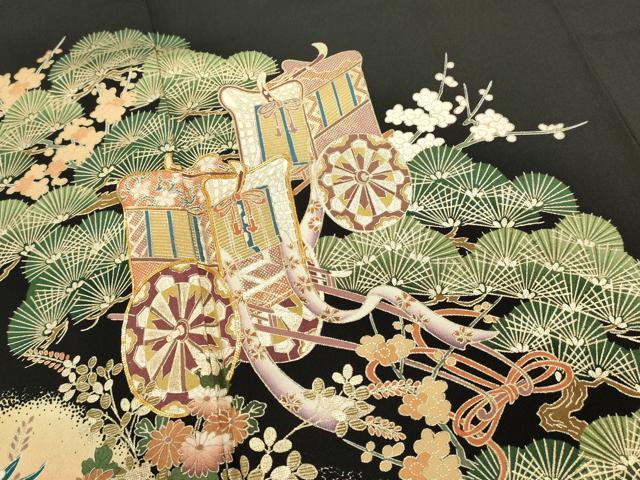 平和屋着物■豪華黒留袖　駒刺繍　御所車花文　松寿　金彩　正絹　逸品　DABI0810cd