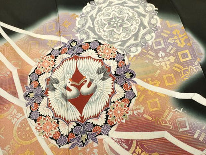 平和屋着物■豪華黒留袖　刺繍　向かい鳥花文　暈し染め　金銀彩　正絹　逸品　DABI0813cd