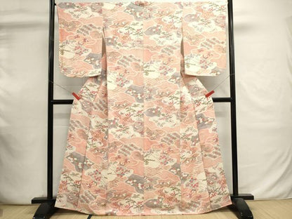 平和屋着物■上質な小紋　吉祥花蝶文　暈し染め　鬼しぼ縮緬　正絹　逸品　DABI0829cd