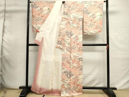平和屋着物■上質な小紋　吉祥花蝶文　暈し染め　鬼しぼ縮緬　正絹　逸品　DABI0829cd