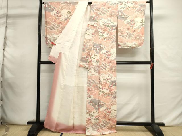 平和屋着物■上質な小紋　吉祥花蝶文　暈し染め　鬼しぼ縮緬　正絹　逸品　DABI0829cd