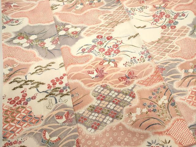 平和屋着物■上質な小紋　吉祥花蝶文　暈し染め　鬼しぼ縮緬　正絹　逸品　DABI0829cd
