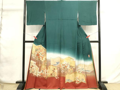 平和屋着物■色留訪問着　幾久重袖　御所車花文　暈し染め　金彩　十二単風　正絹　逸品　DABI0879cd