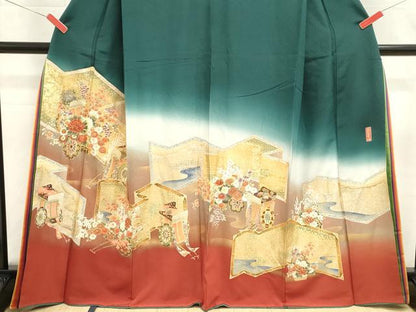 平和屋着物■色留訪問着　幾久重袖　御所車花文　暈し染め　金彩　十二単風　正絹　逸品　DABI0879cd