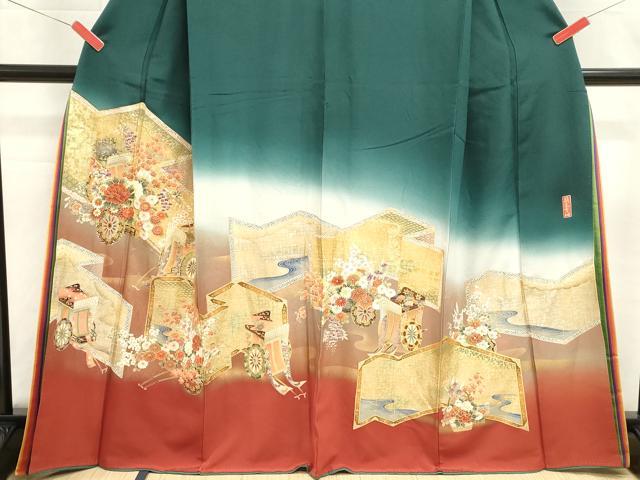 平和屋着物■色留訪問着　幾久重袖　御所車花文　暈し染め　金彩　十二単風　正絹　逸品　DABI0879cd
