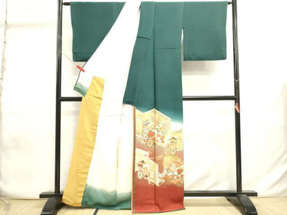 平和屋着物■色留訪問着　幾久重袖　御所車花文　暈し染め　金彩　十二単風　正絹　逸品　DABI0879cd