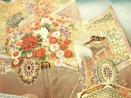 平和屋着物■色留訪問着　幾久重袖　御所車花文　暈し染め　金彩　十二単風　正絹　逸品　DABI0879cd