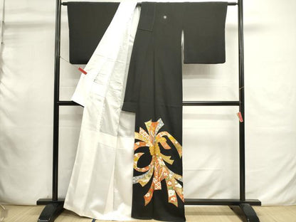 平和屋着物■豪華黒留袖　駒刺繍　束ね熨斗吉祥花鳥文　金彩　正絹　逸品　DABI0919cd