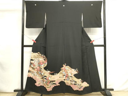 平和屋着物■豪華黒留袖　駒刺繍　御所車花文　金彩　正絹　逸品　DABI0941cd