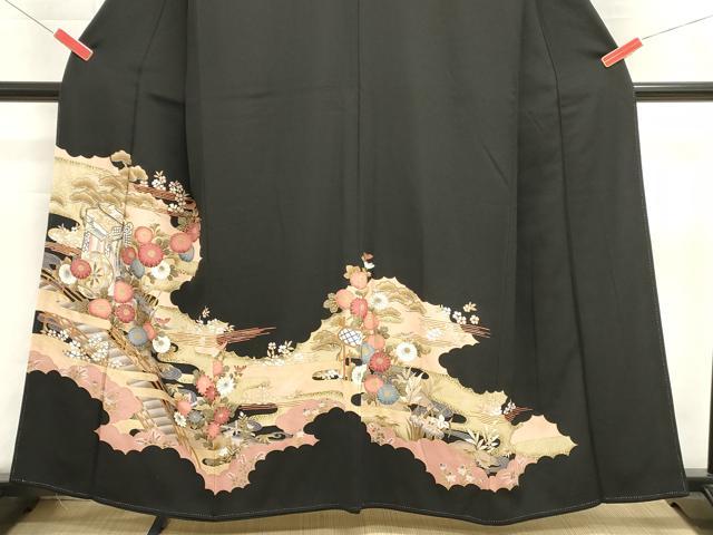 平和屋着物■豪華黒留袖　駒刺繍　御所車花文　金彩　正絹　逸品　DABI0941cd