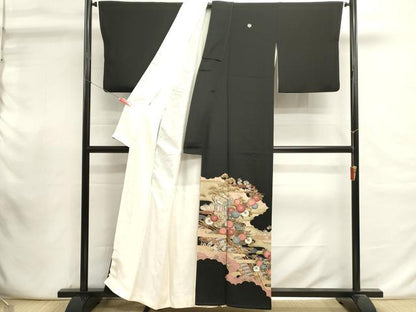 平和屋着物■豪華黒留袖　駒刺繍　御所車花文　金彩　正絹　逸品　DABI0941cd