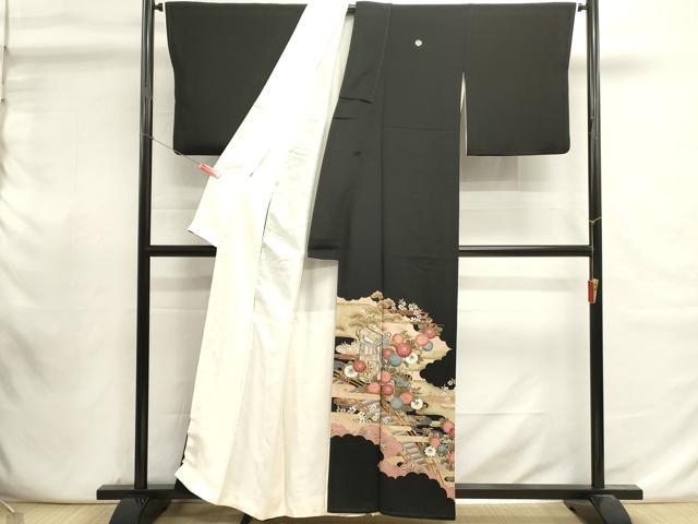 平和屋着物■豪華黒留袖　駒刺繍　御所車花文　金彩　正絹　逸品　DABI0941cd