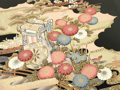 平和屋着物■豪華黒留袖　駒刺繍　御所車花文　金彩　正絹　逸品　DABI0941cd