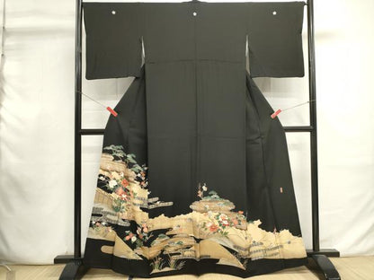 平和屋着物■豪華黒留袖　作家物　駒刺繍　萬壽染　風景花文　松竹梅　金銀彩　正絹　逸品　DABI0942qa