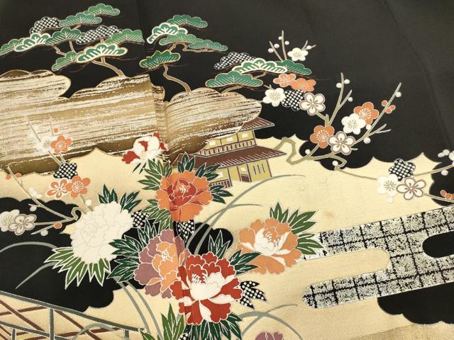 平和屋着物■豪華黒留袖　作家物　駒刺繍　萬壽染　風景花文　松竹梅　金銀彩　正絹　逸品　DABI0942qa