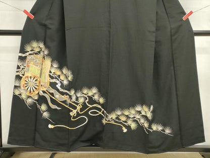 平和屋着物■豪華黒留袖　総刺繍　御所車花文　枝松文　金銀糸　正絹　逸品　DABI0948cd