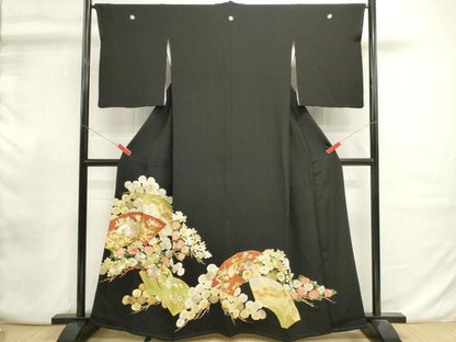 平和屋着物■豪華黒留袖　駒刺繍　地紙花鳥文　乱菊　金彩　正絹　逸品　DABI0951cd