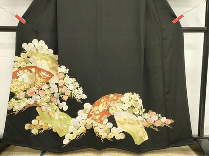 平和屋着物■豪華黒留袖　駒刺繍　地紙花鳥文　乱菊　金彩　正絹　逸品　DABI0951cd