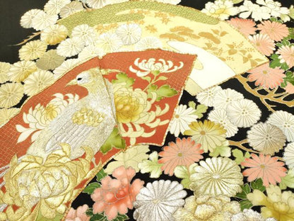 平和屋着物■豪華黒留袖　駒刺繍　地紙花鳥文　乱菊　金彩　正絹　逸品　DABI0951cd