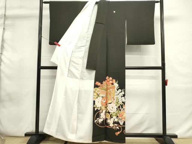 平和屋着物■豪華黒留袖　駒刺繍　御所車花文　金彩　正絹　逸品　DABI0953cd