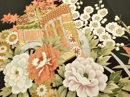 平和屋着物■豪華黒留袖　駒刺繍　御所車花文　金彩　正絹　逸品　DABI0953cd