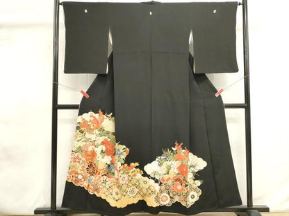 平和屋着物■豪華黒留袖　駒刺繍　吉祥花車文　金彩　正絹　逸品　DABI0955cd