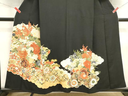 平和屋着物■豪華黒留袖　駒刺繍　吉祥花車文　金彩　正絹　逸品　DABI0955cd