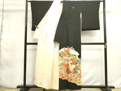 平和屋着物■豪華黒留袖　駒刺繍　吉祥花車文　金彩　正絹　逸品　DABI0955cd
