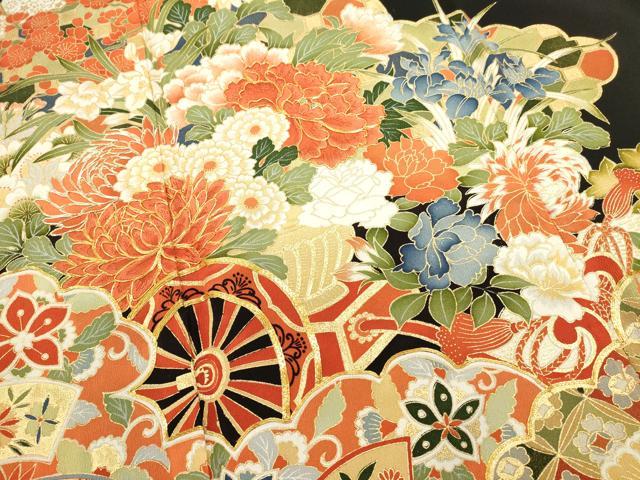 平和屋着物■豪華黒留袖　駒刺繍　吉祥花車文　金彩　正絹　逸品　DABI0955cd
