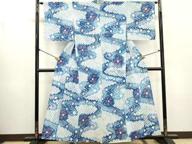 平和屋着物∴夏物　浴衣　有松鳴海絞り　流水花文　綿　逸品　DABI0961cd