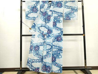 平和屋着物∴夏物　浴衣　有松鳴海絞り　流水花文　綿　逸品　DABI0961cd