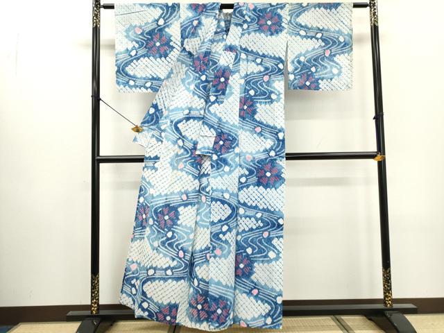 平和屋着物∴夏物　浴衣　有松鳴海絞り　流水花文　綿　逸品　DABI0961cd